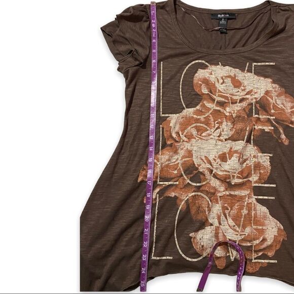 NWT Brown Floral Studded LOVE Slub Burnout Tee Ruffle Hem Boho Coquette Size S - Picture 7 of 7